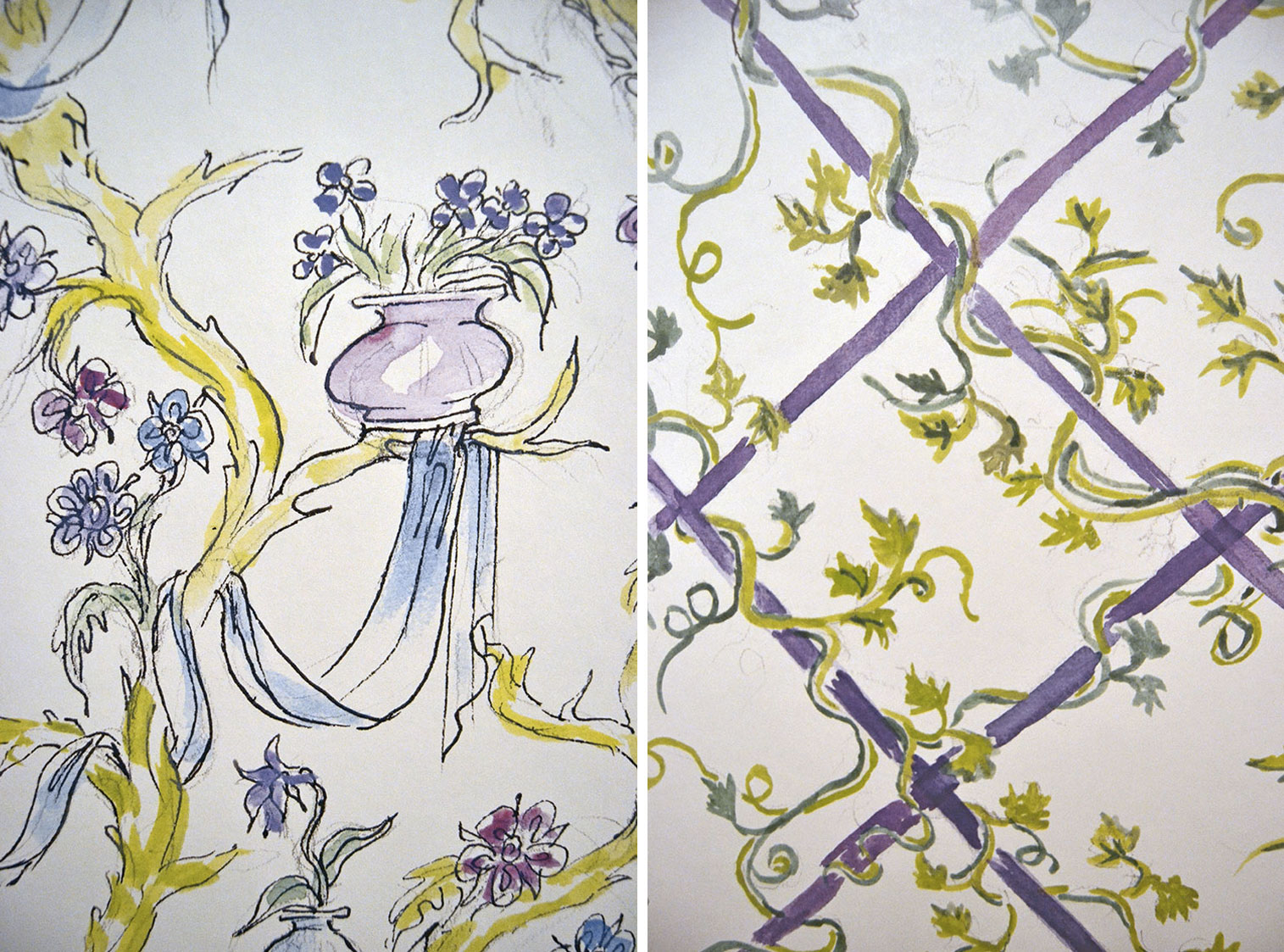 Les décors muraux sur mesure Rêve Chinois et Déjeuner sur l'herbe de la collection Palace de Vincent Darré et Au fil des Couleurs.